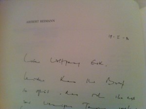 Briefauszug Aribert Reimann an Wolfgang Erk